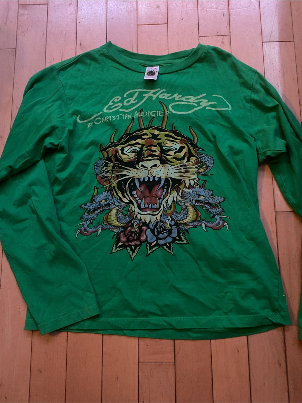 Ed Hardy Green Long Sleeve Shirt with Multi-Color Dragon & Tiger Graphic